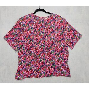 TESS Blouse 12 Large Vtg Floral Short Sleeve Fitted Tailored Boho Whimsical Pink